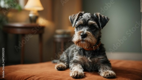 AI generated illustration of a small black and gray dog sitting on a couch, staring into the camera