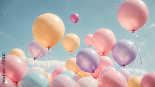 Of multi colored balloons against blue sky background with copy space