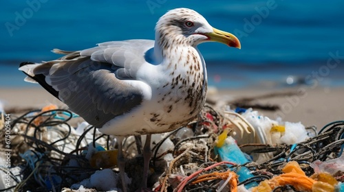 Photography Seagull sitting on some trashy plastic near the water