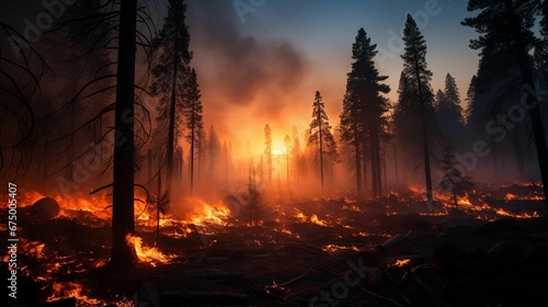 Flames burning through a forest near the town of Claife on a hot day photo