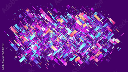 Colorful banner with complex and intricate rectangular diagonal chaotic layered shapes. Abstract silicon semiconductor wafer. Glitch art modern grunge texture with variety structure. Vector background