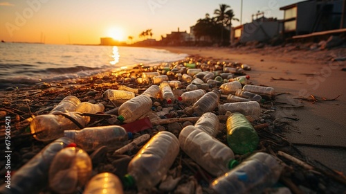 Large amount of trash at the beach with the ocean in sunset background photo