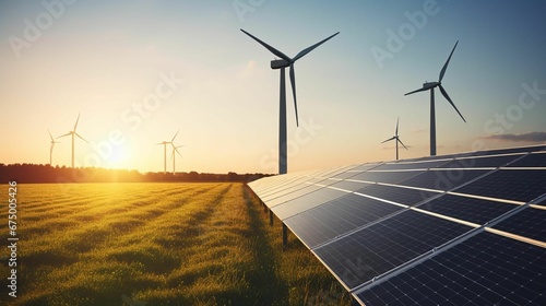 Solar farm with wind turbines and a sun shining behind the panels © Wirestock