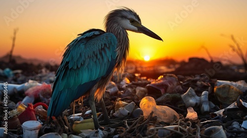 Bird sitting in a majestic pose on trash and some garbage next to it photo