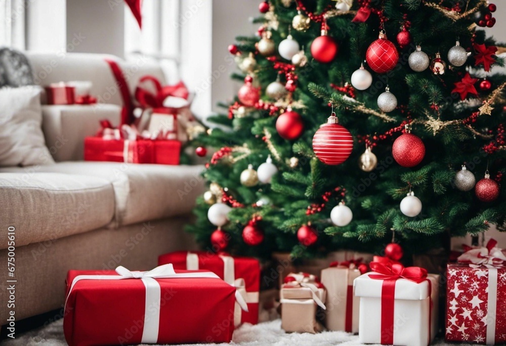 AI generated illustration of Christmas presents in red and white wrapped in decorative paper AI generated illustration of Christmas presents in red and white wrapped in decorative paper