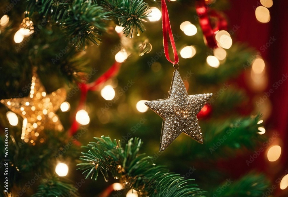 AI illustration of Christmas tree with red and gold lights surrounding it, decorated with ornaments AI illustration of Christmas tree with red and gold lights surrounding it, decorated with ornaments