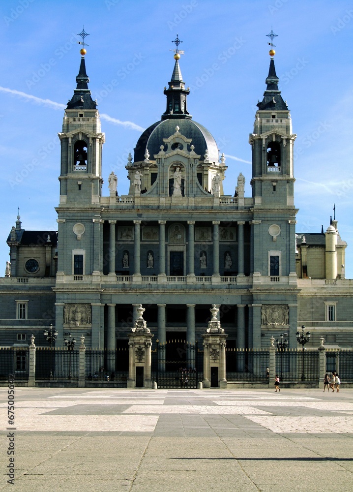 Beautiful facade of Almudena Cathedral. Madrid, Spain.