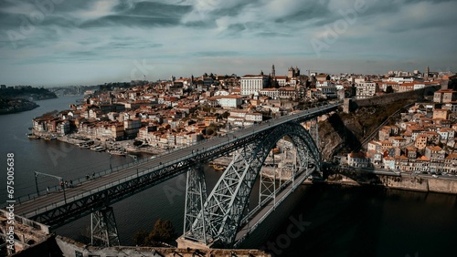 Dom Luis I Bridge and Douro river from Vila Nova de Gaia in Porto, Portugal.