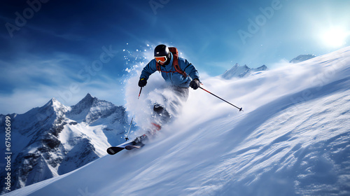 skier on the top of snowy mountain action shot snow sports