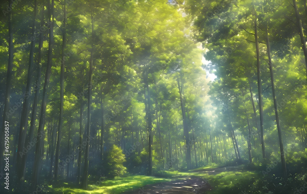 Obraz premium AI generated illustration of a beautiful ethereal glowing green forest