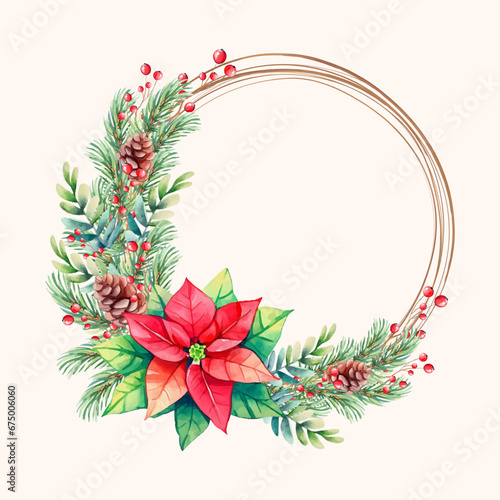 Elegant Christmas wreath composed of vibrant red watercolor flowers and lush pine branches