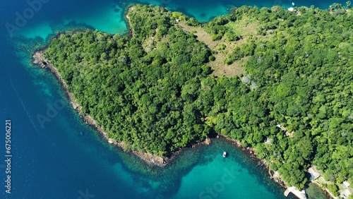 Aerial view of a tropical island and secluded bay in Ilha Grande, Rio de Janeiro