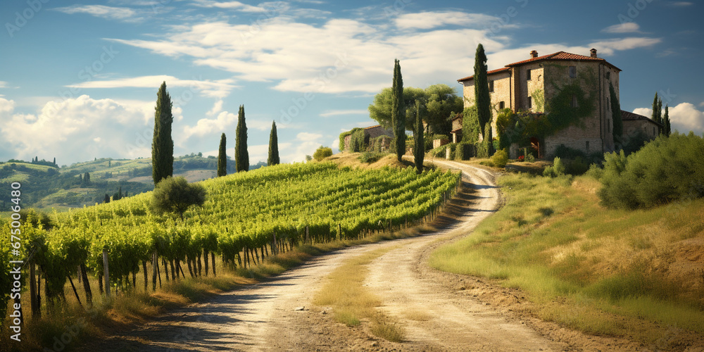 Tuscany road vineyard and antique house
