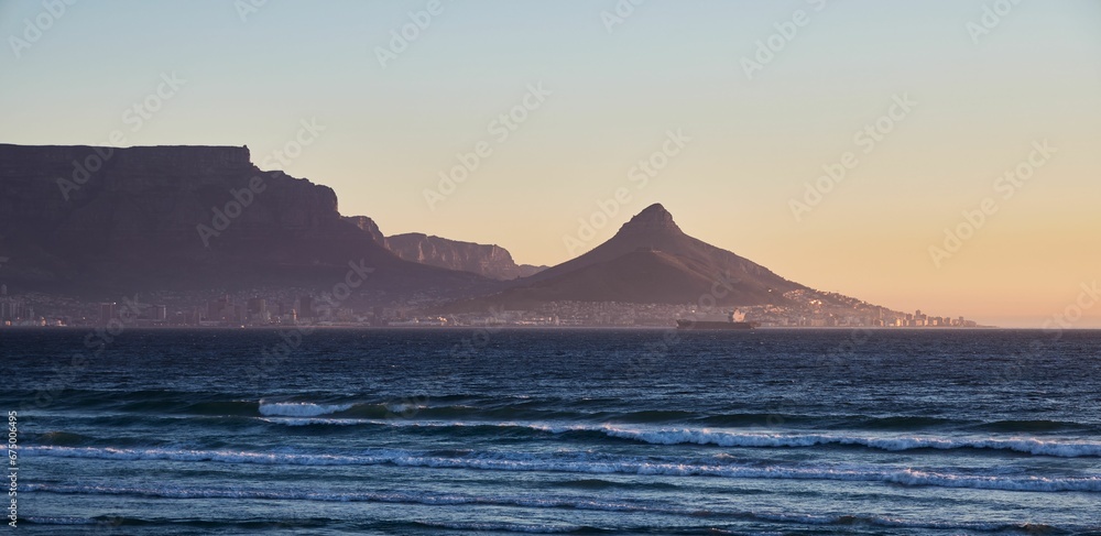 Closeup of Famous Table Mountain Cape Town scenery in South Africa at sunset