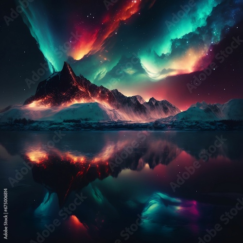 Landscape featuring a mountain range and lake, illuminated by the aurora borealis in the night sky © Wirestock
