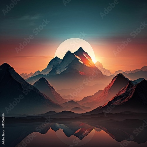 AI generated illustration of majestic mountain range illuminated by a warm sunset sky