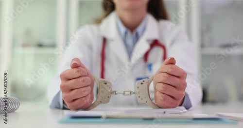 Hand of doctor, cardiologist or plastic surgeon anesthesiologist in handcuffs closeup photo