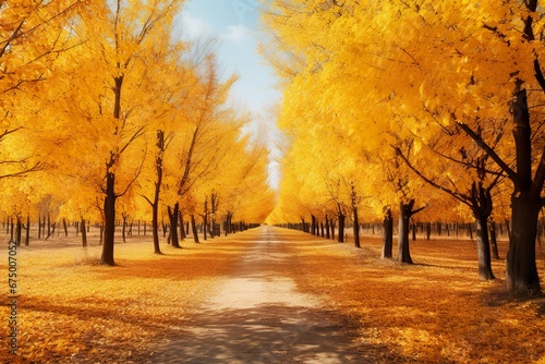 Beautiful bright colorful autumn landscape with a carpet of yellow leaves. Natural park with autumn trees