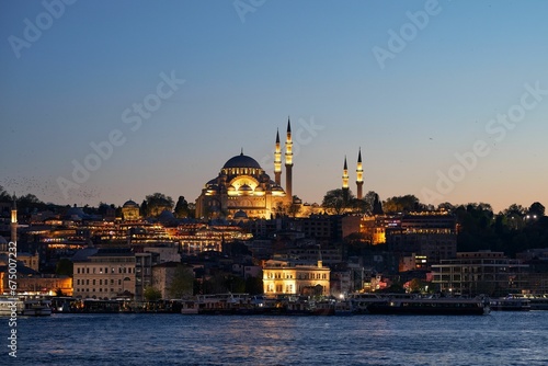 Scenic view of St Sofia mosque illuminated at sunset in Istanbul, Turkey