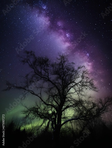 AI generated illustration of a weathered tree on the background of mesmerizing starry night sky