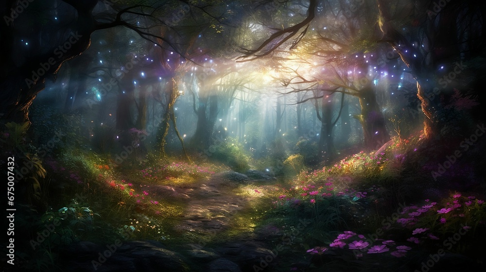 AI generated illustration of a beautiful sparkling mystical forest