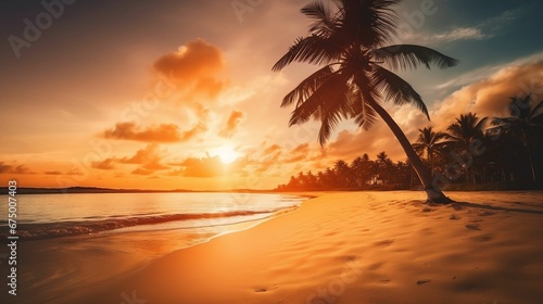 AI generated illustration of a stunning tropical beach scene featuring a palm tree in the sunset