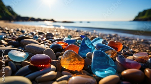 AI generated illustration of a scenic view of a beach featuring an abundance of small pebbles