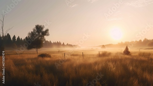 AI generated illustration of a stunning sunrise casting a glow over the fields of the countryside