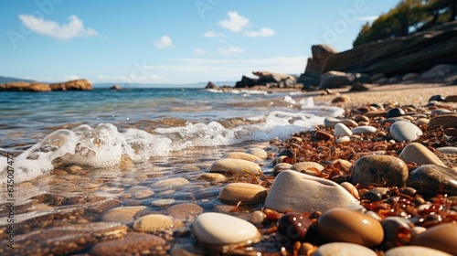 AI generated illustration of a serene coastal scene of a beach with jagged rocks photo