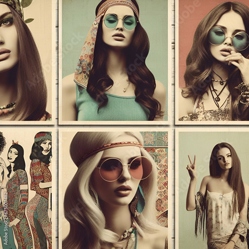 A set of Retro Collage Portrait Close-up Posters of a Beautiful Young Hippie Free Woman in 70s Style Retro Portrait. Pop Art Style of Loved, Love, Groovy, Flower Power Yoga Dancing Headband Sunglasses photo