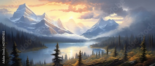 AI generated lake surrounded by mountains and trees during sunset © Wirestock
