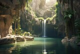 AI generated illustration of a tall stream and waterfall cascading through lush green tropical hills