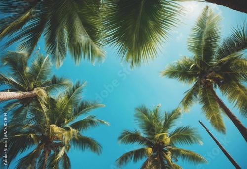 AI generated illustration of a cluster of palm trees extending upwards to the sky