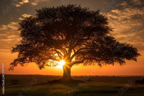 AI generated tree standing silhouetted against a vibrant sunset sky