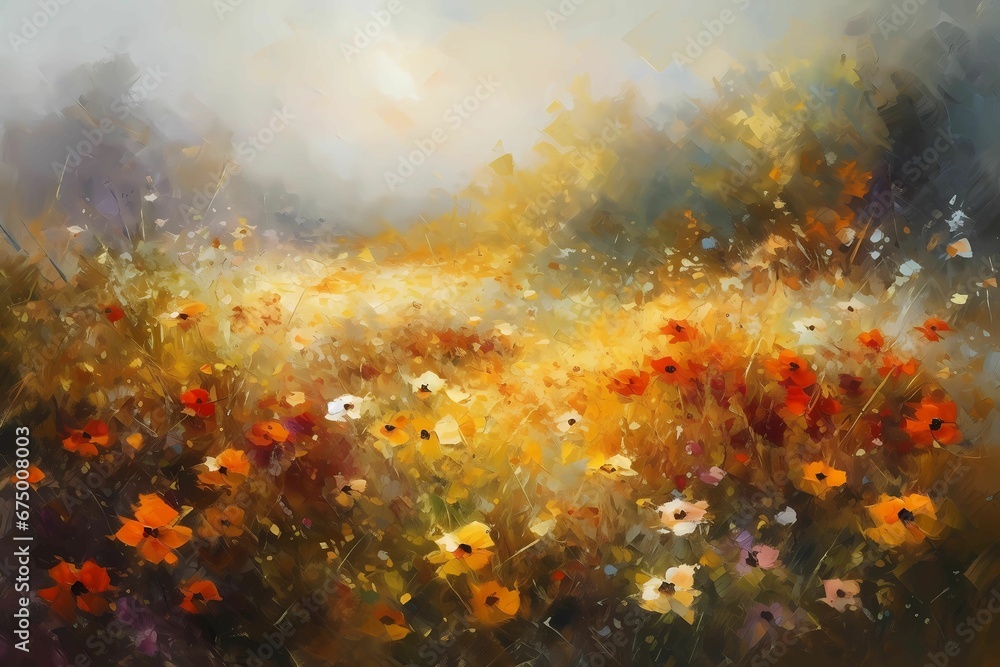 AI generated painting of a vibrant landscape with colorful wildflowers