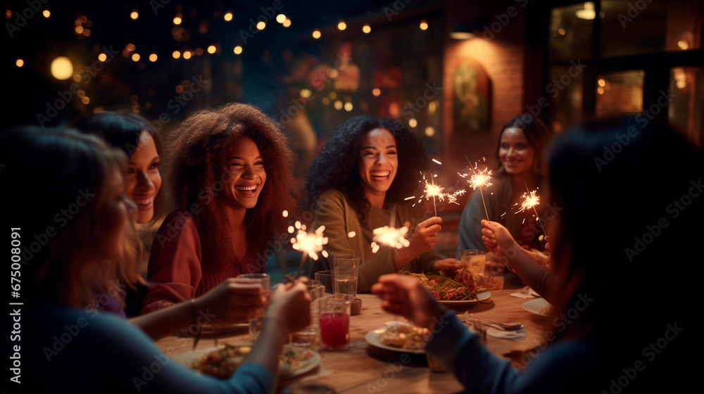 friends inclusion of different ethnicities with sparklers at the New Year's Eve night celebration wishing friends inclusion of different ethnicities with sparklers at the New Year's Eve night celebration wishing