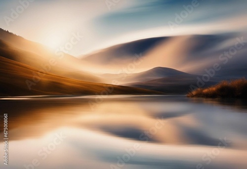 Picturesque lake surrounded by a lush landscape illuminated by a stunning sunset, AI-generated. © Wirestock