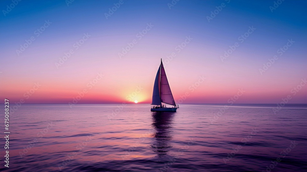 AI-generated illustration of a sailboat silhouetted against a vivid sunset sky.