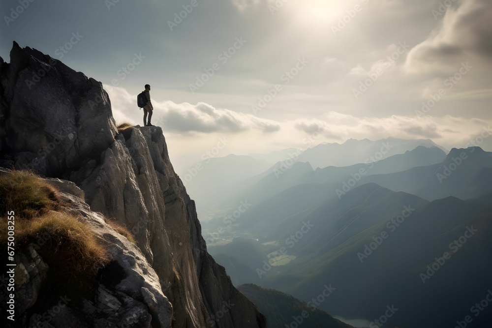 Hiker stands on a cliff overlooking a landscape of rugged mountain peaks. AI-generated.