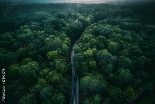 AI generated illustration of an aerial view of a a winding road snaking through a lush landscape © Wirestock