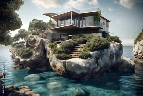 AI generated illustration of an isolated rocky island with a modern building photo