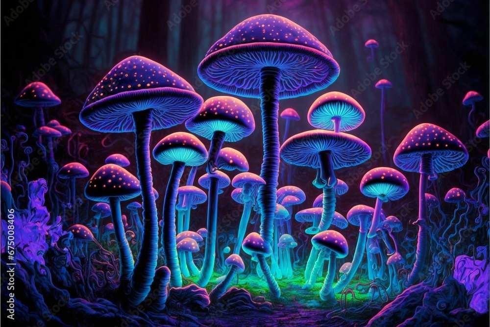 AI generated illustration of a scene of glowing psychedelic mushrooms - obrazy, fototapety, plakaty 