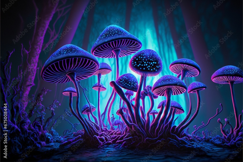 AI generated illustration of vibrant, psychedelic mushrooms radiating a magical, surreal energy - obrazy, fototapety, plakaty 