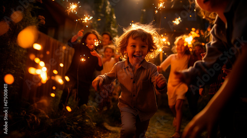 Children on New Year's Eve playing with sparklers and fireworks, enjoying their childhood in the backyard of their home