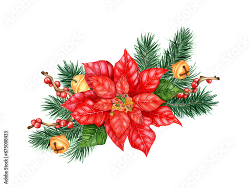 Watercolor illustration of a Christmas frame with poinsettia, fir branches, bluebells and branches with red berries. Isolated composition for posters, cards, banners, flyers, covers, placards 
