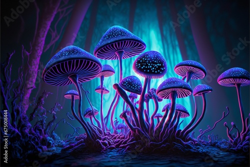 AI generated illustration of vibrant, psychedelic mushrooms radiating a magical, surreal energy photo
