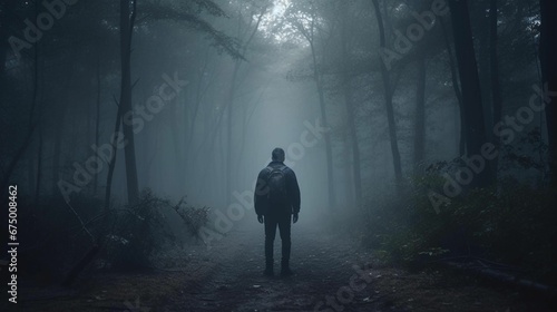 AI generated illustration of a solitary figure in a fog-shrouded forest, their back to the viewer