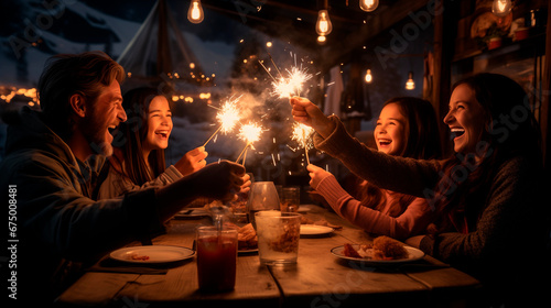 Family with sparklers at the New Year's Eve dinner celebration festive wishing for prosperity photo
