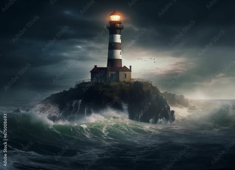 AI generated illustration of a lighthouse atop a rocky outcropping