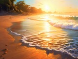 AI generated illustration of a picturesque beach with waves lapping against the shoreline at sunset